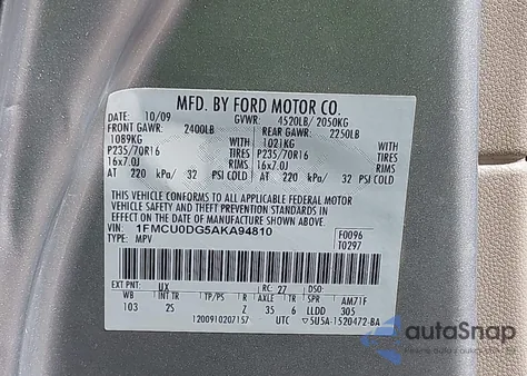 2010 Ford Escape Xlt from USA, damaged, VIN 1FMCU0DG5AKA94810